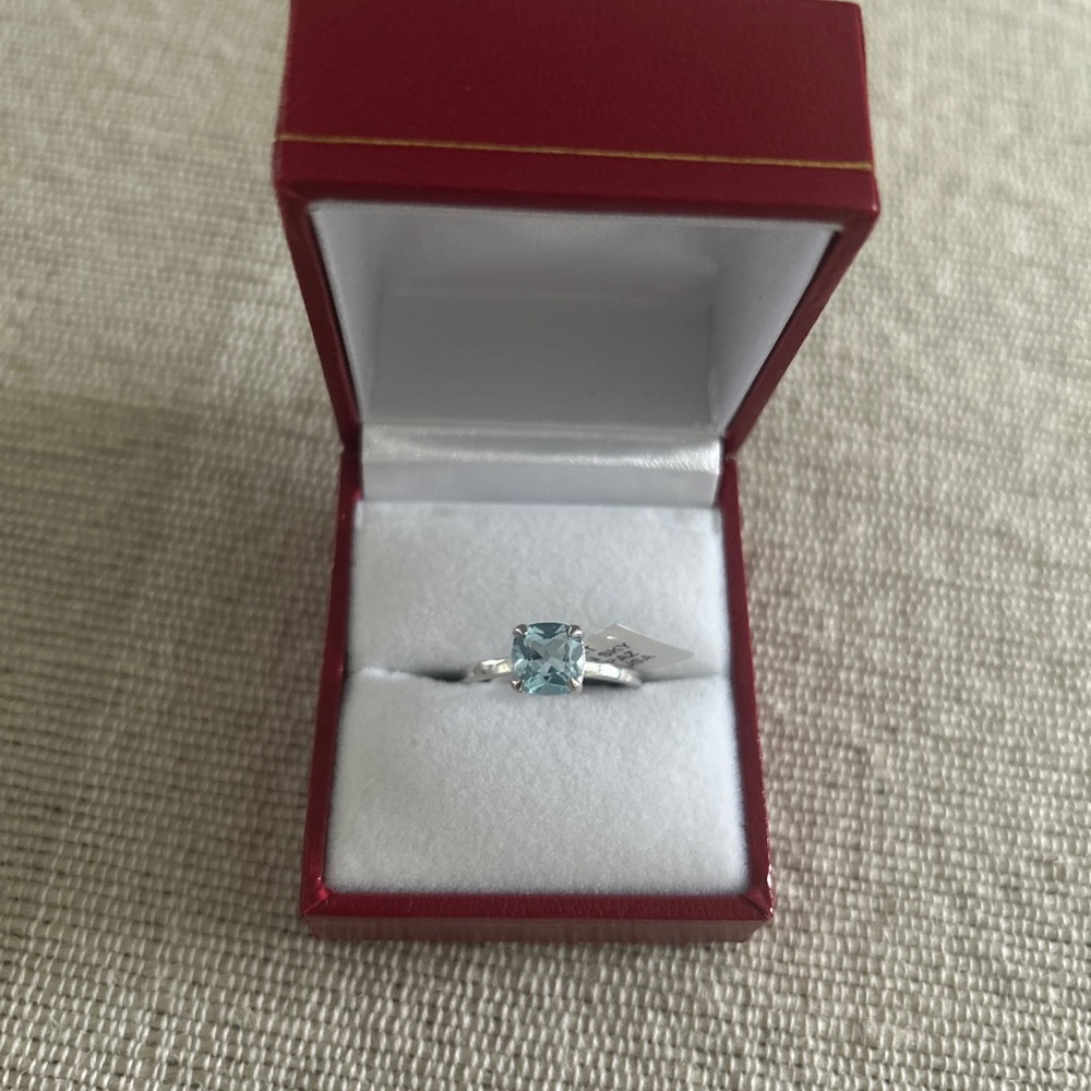 1.5 carat cushion Sky Blue Topaz 18k band
